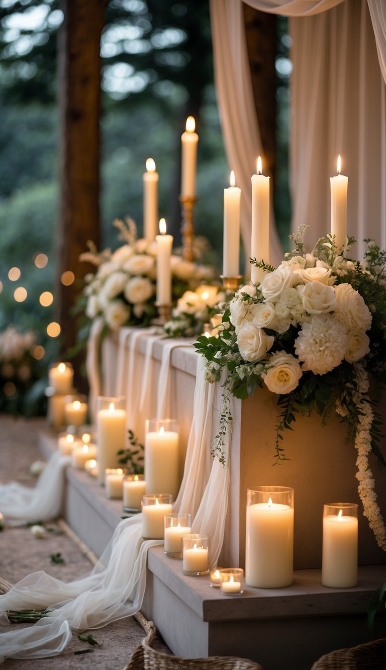 A wedding altar decorated with lit candles on the base, surrounded by flowers and greenery, creating a warm glowing atmosphere.